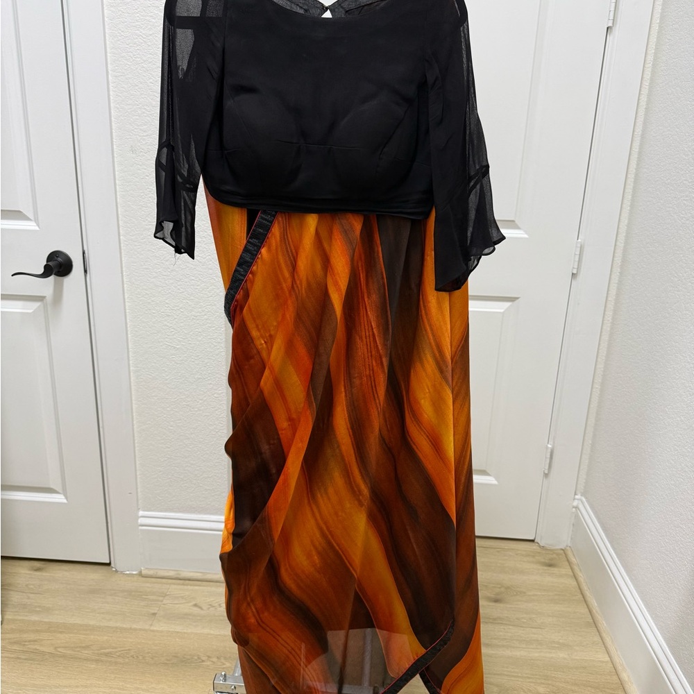 Black and Orange silk sari with sequins border and black blouse